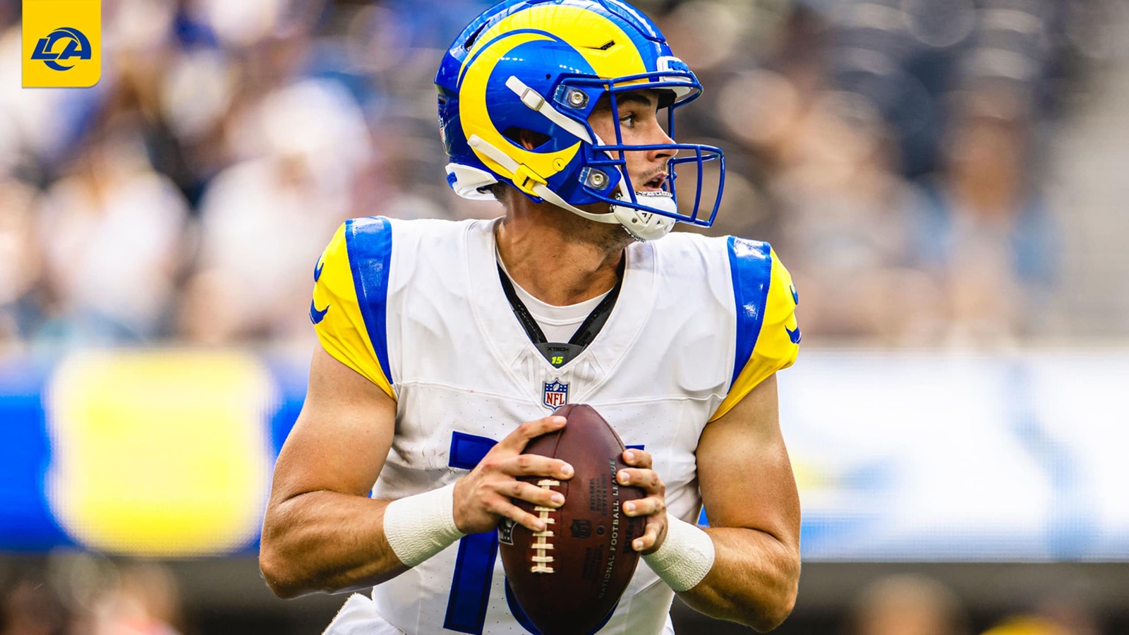 Ty Simpson dropping back to pass for the Rams during the preseason at SoFi Stadium