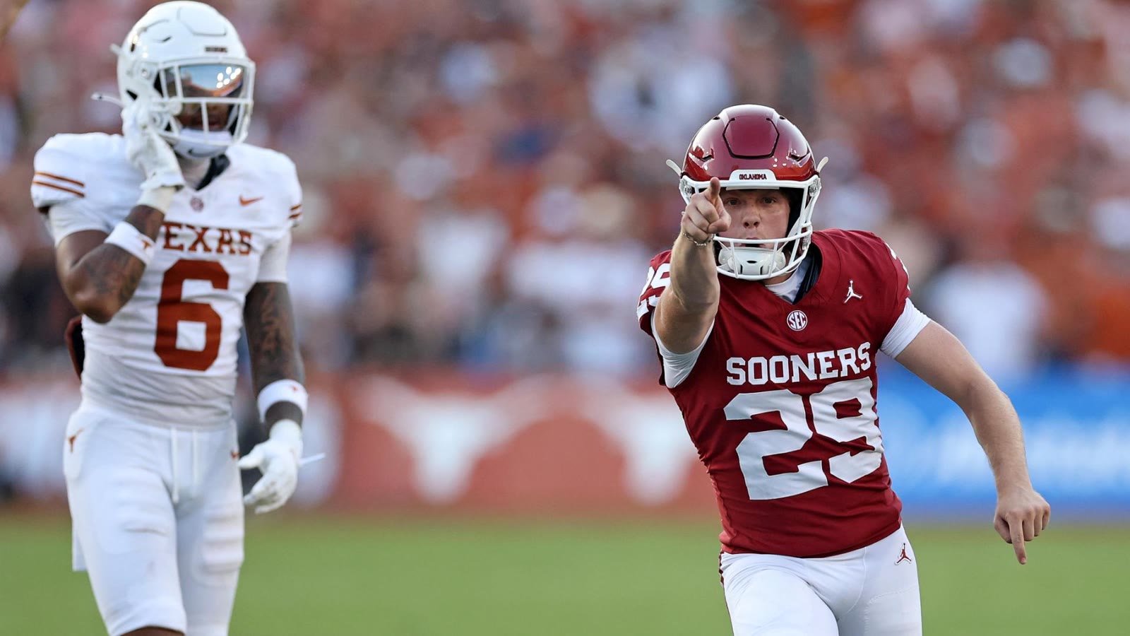 Oklahoma kicker Tate Sandell celebrates his game-winning field goal against Texas