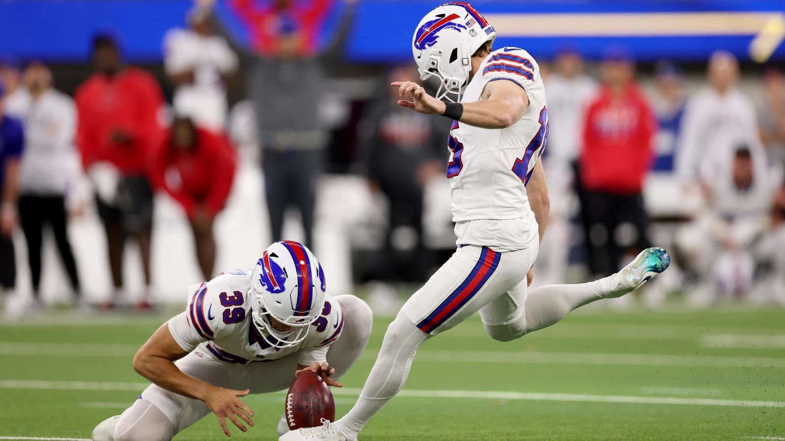 Bills kicker Tyler Bass kicks the game-winning field goal in overtime against the Rams